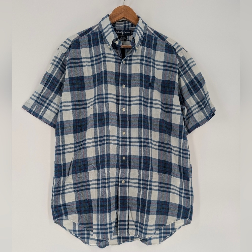 Ralph Lauren Blake Mens Medium Blue White Plaid Cotton‎ Short Sleeve Button Down